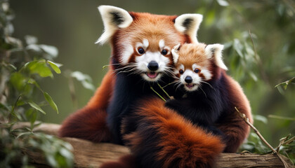 Photo of baby red panda with mom, wild photography