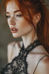 red-haired beautiful girl in a lace top fashion portrait