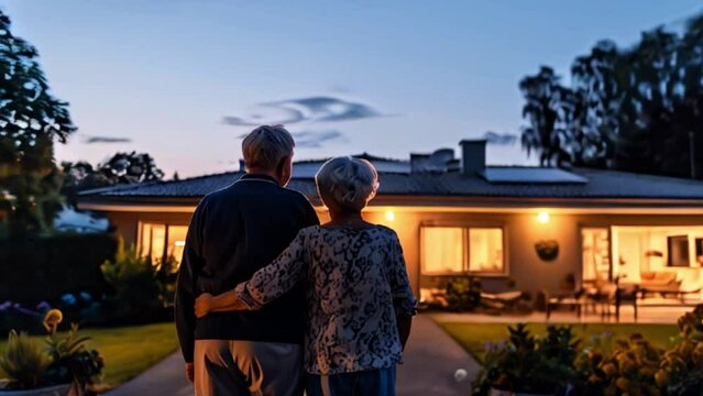 Elderly Couple Standing in Front of Modern House