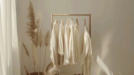 A serene display of white and beige clothes hanging neatly on a wooden rack beside decorative pampas grass.