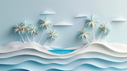 Fototapeta na wymiar Tropical Island with clear blue sea with paper art.