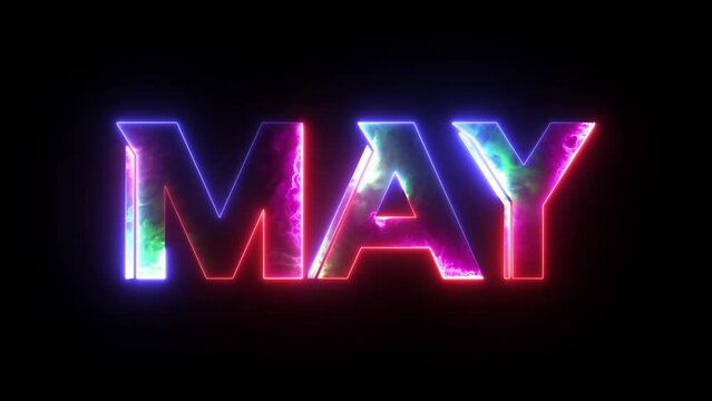 Glowing colorful light neon text month of May . Abstract glowing May month text neon light effect background animation. 3d illustration rendering