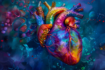 Illustration of an interpretation of a human heart MRI with vibrant colors highlighting different heart regions and functions. Creative heart background. 
