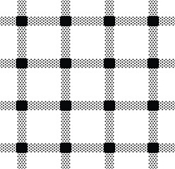 Tartan checked plaids in black and white. Seamless pattern with tiny dots in square grid. Black dot on white background.