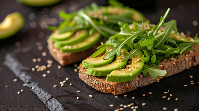 Avocado toast for breakfast or lunch with rye bread.  Vegetarian food concept. generative ai 