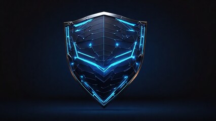 Futuristic 3d security shield made of linear polygons with neon lights on dark blue background. Modern business It, online, cyber safety and protect concept. - obrazy, fototapety, plakaty