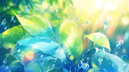Vivid macro imagery of lush leaves with blue droplets poised delicately, a dance of water and light in the morning sun - obrazy, fototapety, plakaty