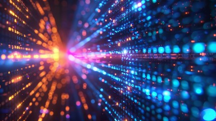 Showcase the dynamic rhythm of technology through a vivid display of binary code, symbolizing endless innovation