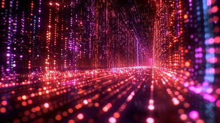 Obraz premium Showcase the dynamic rhythm of technology through a vivid display of binary code, symbolizing endless innovation