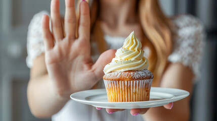 Diet concept with a woman refusing to eat a yummy cupcake dessert with her hands because she is following a diet to lose weight - obrazy, fototapety, plakaty