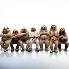Fototapeta premium Sloth Queue Isolated, Career Day, Line of People Sitting and Waiting for Job Interview, Sloth Candidates Waiting on White Background, Headhunting Generative AI Illustration