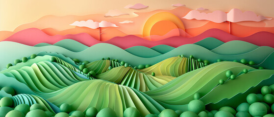 Obraz premium Paper art Vineyard with hills.