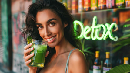 Young caucasian woman drinking a green detox juice with sign Detox