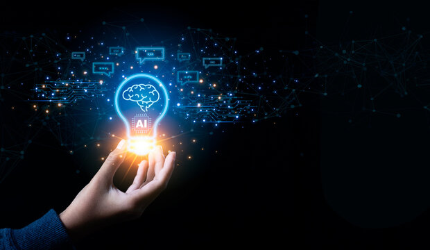 Hand holding virtual interface AI brain data creative in light bulb. Innovation futuristic science and artificial intelligence smart assistant digital technology global network connection.