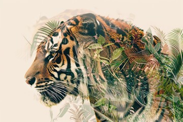 A tiger overlaid with the intricate patterns of tropical foliage in a double exposure