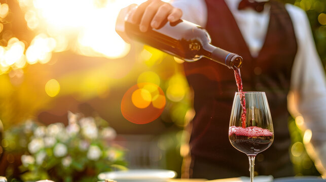 Waiter pouring a glass of red wine into a wine glass