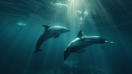 Naklejka premium Sun illuminates ocean depths, mystical marine life, vibrant blues, dolphins forming Pisces.generative ai