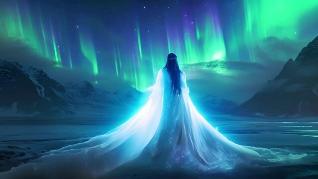 A floorlength sparkling white cloak with fur accents paired with a longsleeved lace dress for an ethereal and enchanting look. The queen dances under the Northern Lights her