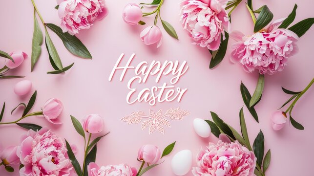 Happy Easter - modern calligraphy lettering on pink background with peony flowers. Holiday background.