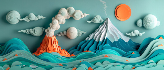 Paper art Volcano landscape.