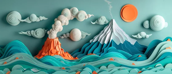 Afwasbaar Fotobehang Bergen Paper art Volcano landscape.