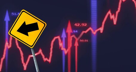 Animation of financial data processing over arrow on yellow road sign - Powered by Adobe