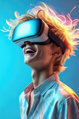 Virtual reality 3d augmented experience exited digital generate person wear vr glasses goggle headset hand gesture touch 3d object in virtual world fun cheerful and remarkable, generative ai