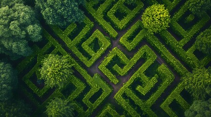 A maze created from trimmed green trees, aerial view,