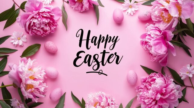 Happy Easter - modern calligraphy lettering on pink background with peony flowers. Holiday background.