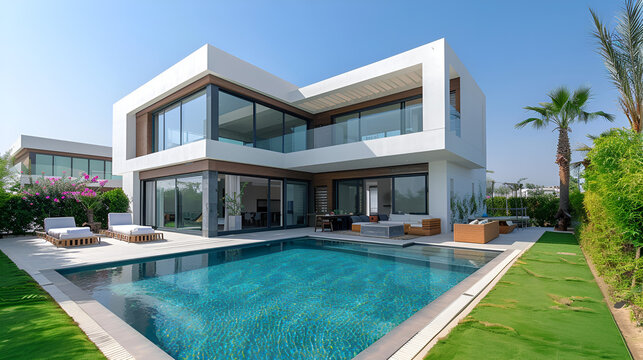 Modern house with pool, home exterior in evening with glowing interior lights and landscaping, Luxurious interior design, Apartment Buildings, garden furniture, sliding doors and decking,  ai generate