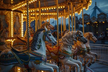 Fototapeta na wymiar A close-up of a beautifully lit carousel at a summer carnival, captured at dusk.