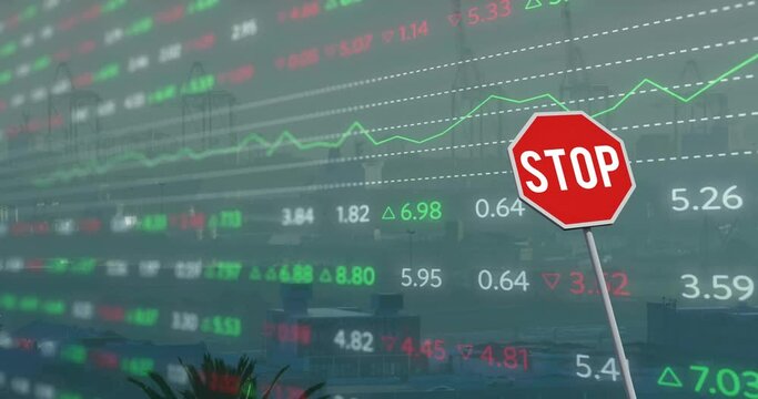Animation of financial data processing over stop road sign and city