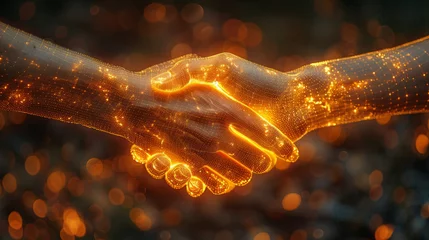 Foto op Plexiglas Handshake, Two wire-frame glowing hands, technology, business, trust concept,generative ai © JKLoma