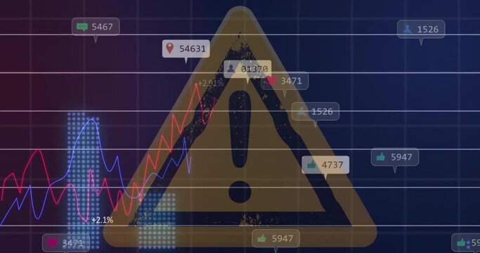 Animation of financial data processing over exclamation mark on yellow triangle road sign