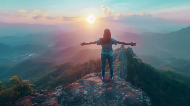 Inspirational image of a woman solo travelling to the top of a mountains with cinematic dawn view as a background. Background design for the women's day social media posts.