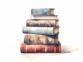 Old books on clean white background, watercolor