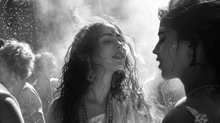 Black and White Image of an Indian Woman Celebrating a Festival with Her Group
