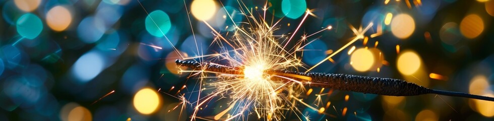 A closeup of a sparkling, golden sparkler, its light, set against a backdrop of cool-toned, blue and green bokeh lights, reflecting the festive spirit of a Sylvester New Year's Eve
