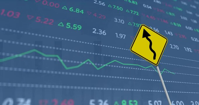 Animation of financial data processing over arrow on yellow road sign