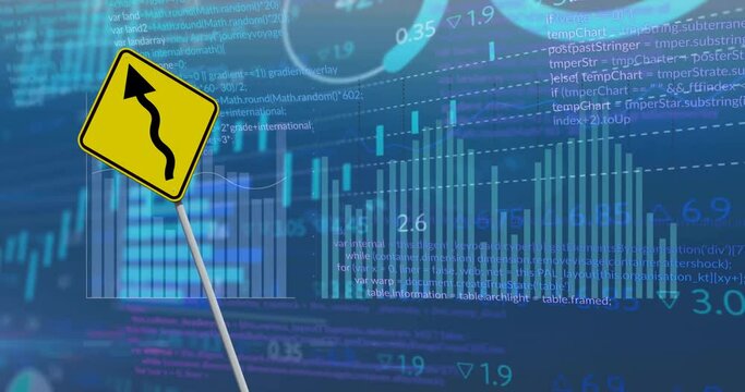 Animation of financial data processing over arrow on yellow road sign and city