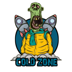 vector of a zombie wearing a yellow warm jacket with a rocket background