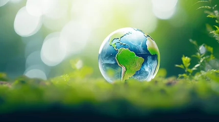 Crédence de cuisine en verre imprimé Prairie, marais Glass world map globe in meadow field, World environmental day and Earth day