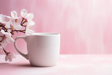 Fototapeta na wymiar Ceramic white coffee mug with pink and white flowers in the wicker basket. Blank 11 oz mug mockup for design.