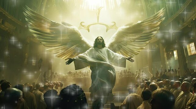 The Lord Jesus was present in the midst of the congregation during the church service. seamless looping time-lapse virtual 4k video Animation Background.