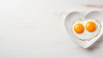 Fried eggs on a heart-shaped plate on a white background, a symbol of love, food for a healthy diet