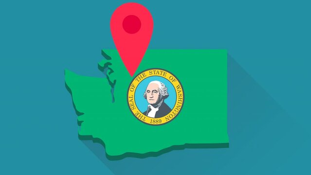 Looped animation of a red location marker bouncing on the 3D map of Washington in the colors of the Washington state flag on blue background, green background, transparent, alpha channel (flat design)