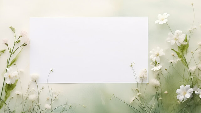 A blank sheet of paper on a green background among white flowers in the style of watercolor pastels