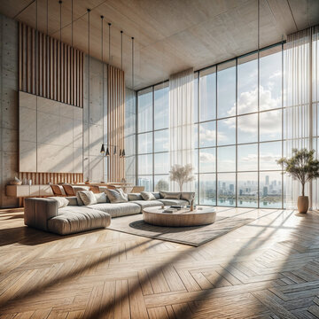 a modern living room with a large window, a digital rendering , pixabay contest winner, minimalism, vray tracing, rendered in unreal engine, minimalist