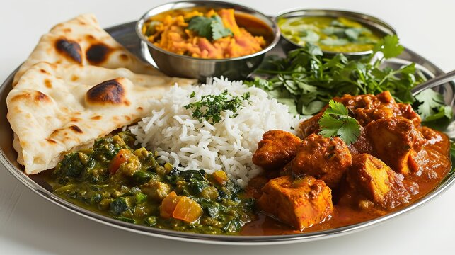 Plate of Indian Food: Curry Butter Chicken, Palak Paneer, Naan Bread