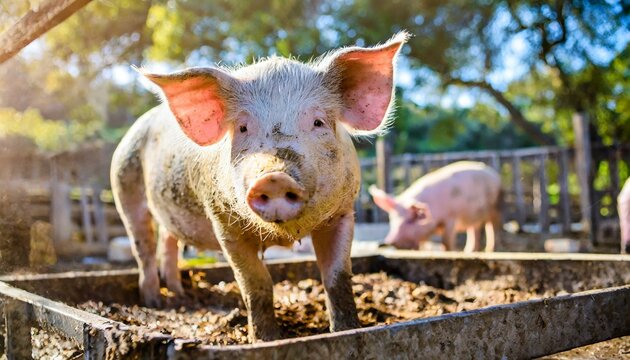 A cute dirty pig posing on a farm, domestic animal